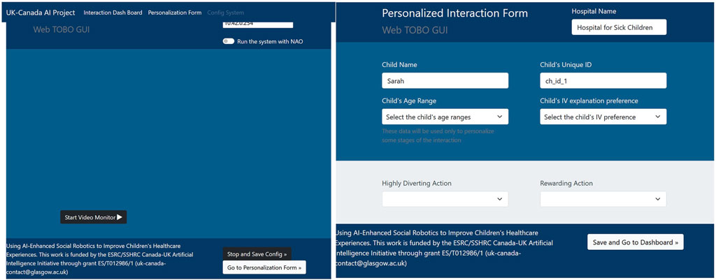 User interface for the UK-Canada AI Project's Web TOBO GUI displaying menu options and a Personalized Interaction Form. The form fields include child name
