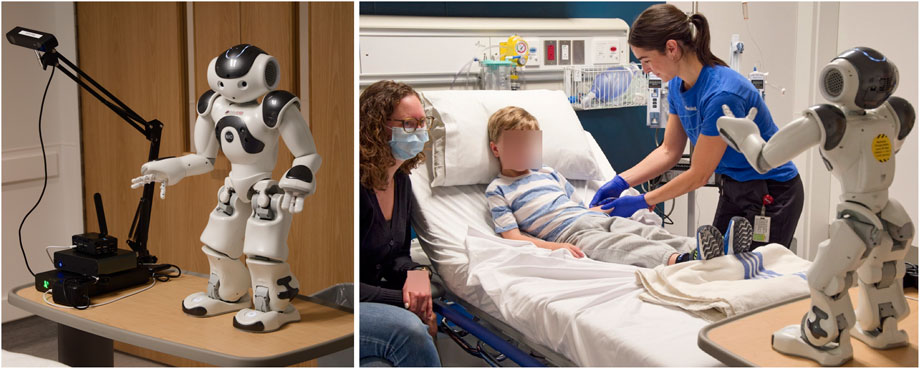 A humanoid robot named Nao stands on a table beside electronic equipment. In another scene, the same robot is in a hospital room where a child lies on a bed, attended by a healthcare worker wearing gloves, with another person seated nearby.