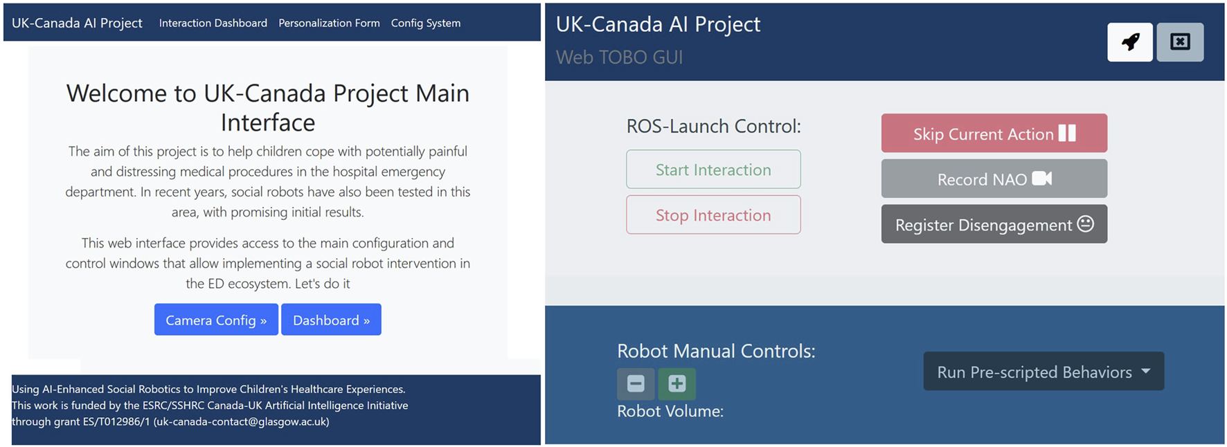 Interface for the UK-Canada AI Project aimed at aiding children in hospital emergency departments. Offers configuration and control of social robots, including start/stop interactions and recording features.