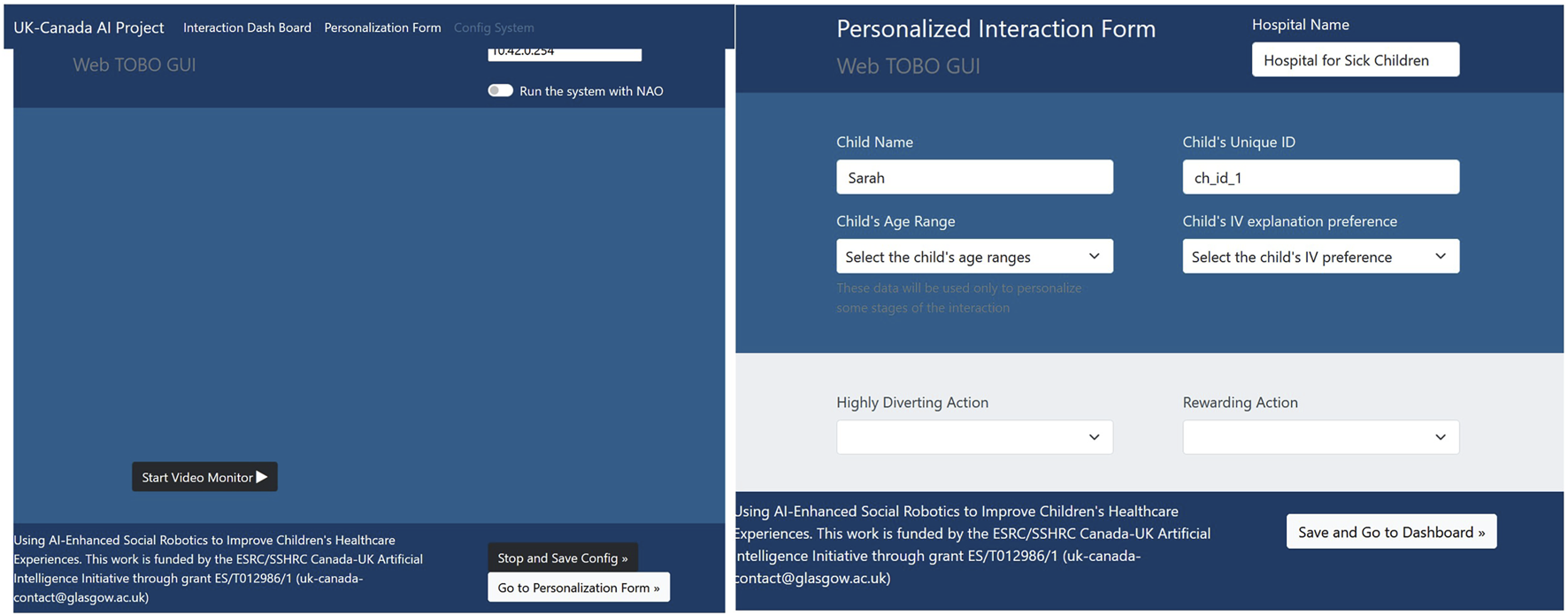 User interface for the UK-Canada AI Project's Web TOBO GUI displaying menu options and a Personalized Interaction Form. The form fields include child name "Sarah," unique ID "ch_id_1," age range, and IV explanation preference. Hospital name is specified as "Hospital for Sick Children." Buttons for video monitoring, configuration, and dashboard navigation are present. Text below mentions using AI-enhanced social robotics for improving children's healthcare, funded by ESRC/SSHRC Canada-UK Artificial Intelligence Initiative.