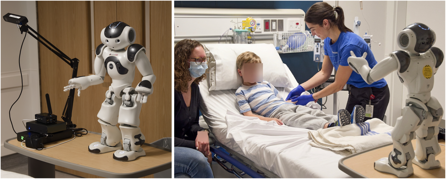 A humanoid robot named Nao stands on a table beside electronic equipment. In another scene, the same robot is in a hospital room where a child lies on a bed, attended by a healthcare worker wearing gloves, with another person seated nearby.