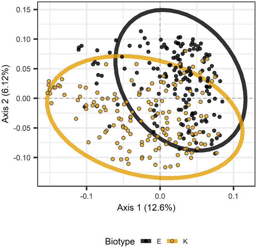 Scatter plot showing two data clusters represented by differently colored dots, labeled as biotypes E and K. Biotype E is in black, surrounded by a black ellipse. Biotype K is in yellow, surrounded by a yellow ellipse. The axes are labeled Axis 1 (12.6%) and Axis 2 (6.12%).