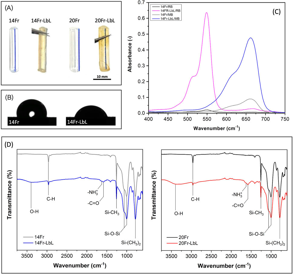 (A) Image shows four samples labeled 14Fr, 14Fr-LbL, 20Fr, 20Fr-LbL, each a tube with varying thickness. (B) Two images displaying water contact angle measurements for 14Fr and 14Fr-LbL samples. (C) Graph of absorbance versus wavenumber with four lines, indicating variations in samples. (D) Two transmittance vs. wavenumber graphs, illustrating chemical bonds; left for 14Fr and 14Fr-LbL, right for 20Fr and 20Fr-LbL.