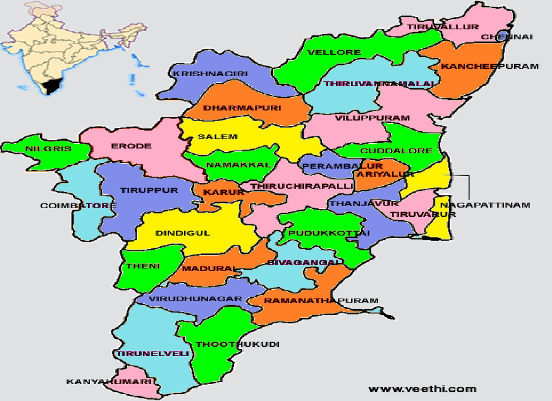 Map of Tamil Nadu, India, with each district labeled and color-coded. An inset shows Tamil Nadu's location within India, highlighted in black.