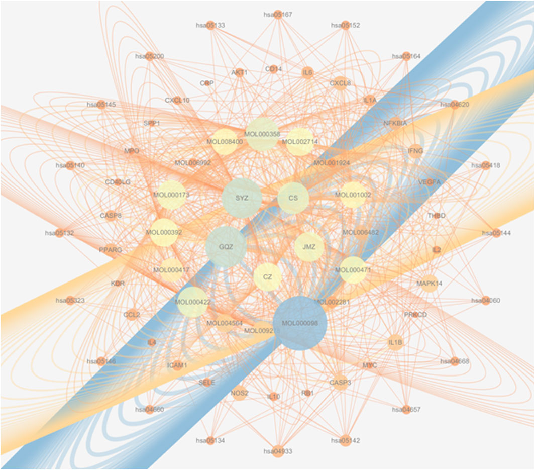 Network diagram showing complex interactions between various nodes labeled with identifiers such as MOL000356 and hsa05200. Nodes are connected by numerous intersecting lines in orange and blue colors. Some nodes are highlighted in larger circles, indicating potential significance or centrality within the network.