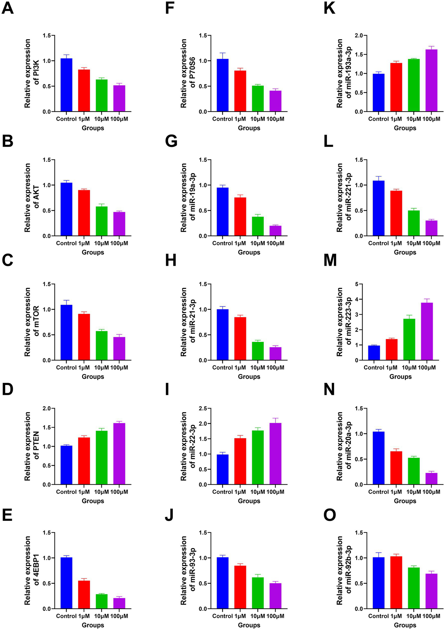 Bar charts labeled A to O show the relative expression of various genes across four groups: Control, 1 micromolar, 10 micromolar, and 100 micromolar. Charts A to E display decreasing expression in PI3K, AKT, mTOR, and ZEB1 as concentrations increase, except for PTEN, which increases. Charts F to J show decreasing expression in P70S6, miR-19a-3p, miR-21-3p, and similar patterns for ZEB1 and miR-93-3p. Charts K to O depict varying expressions of miR-33-3p, miR-122-3p, miR-22-3p, miR-29a-3p, and miR-29b-3p, with fluctuations across groups.