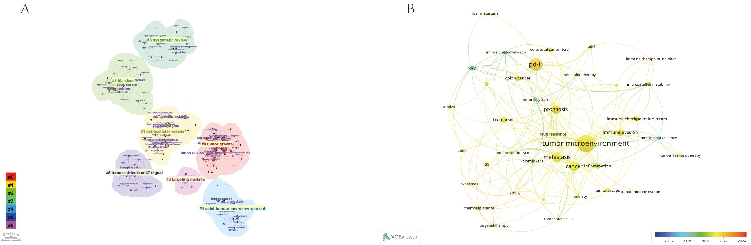 Panel A features a cluster network map displaying various research themes related to cancer, such as “tumor growth” and “extracellular vesicle.” Each cluster is color-coded. Panel B presents a co-occurrence network visualization of terms like “tumor microenvironment,” “metastasis,” and “immune evasion,” with nodes and connecting lines. Both visualizations utilize CiteSpace and VOSviewer tools.