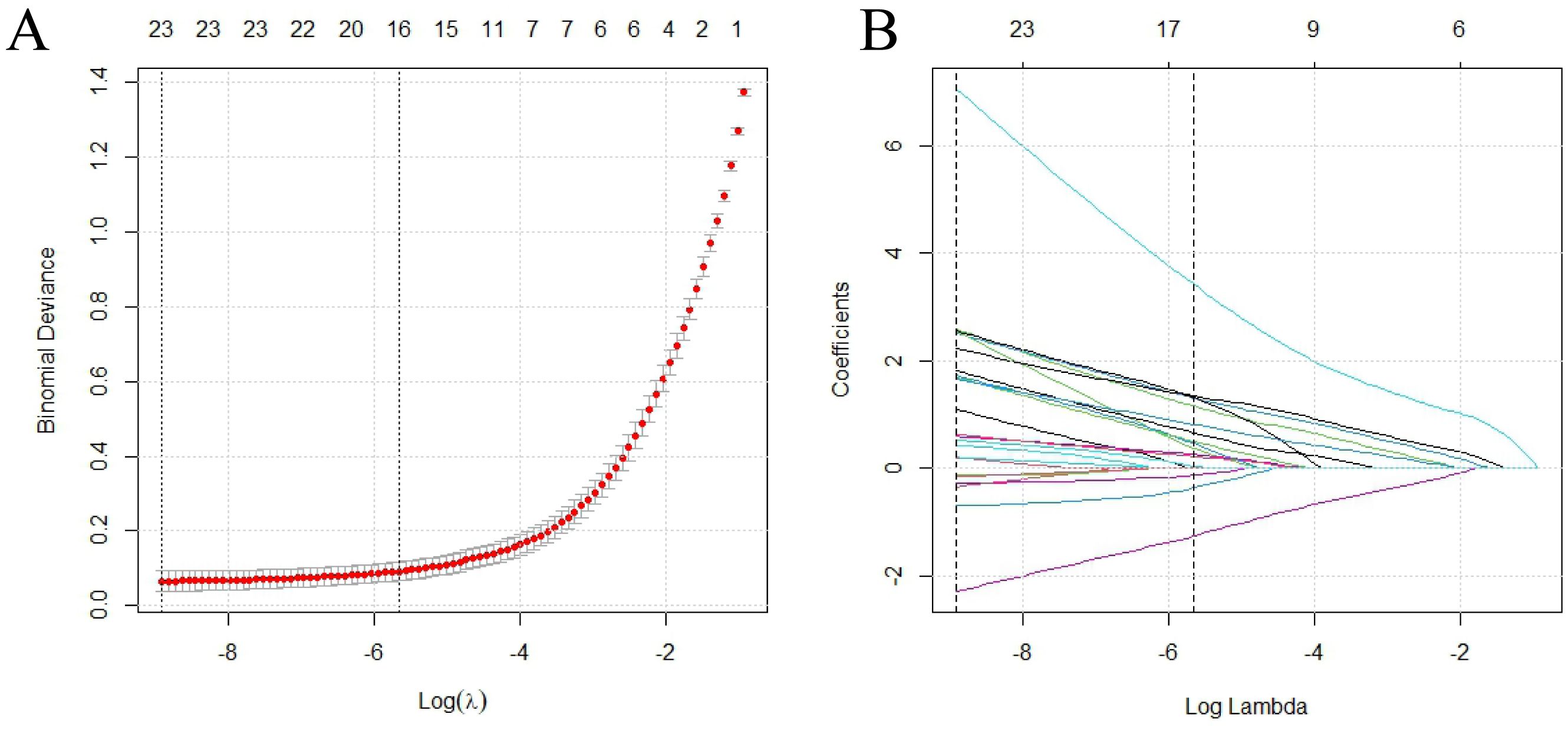Panel A displays a plot of binomial deviance against the logarithm of lambda, showing a curve that rises sharply towards the right with data points marked in red. Panel B illustrates a coefficient path plot for different variables against the logarithm of lambda, depicting multiple colored lines that converge as lambda decreases. Both panels indicate model behavior with variable lambda values, marked by vertical dashed lines denoting specific points of interest.