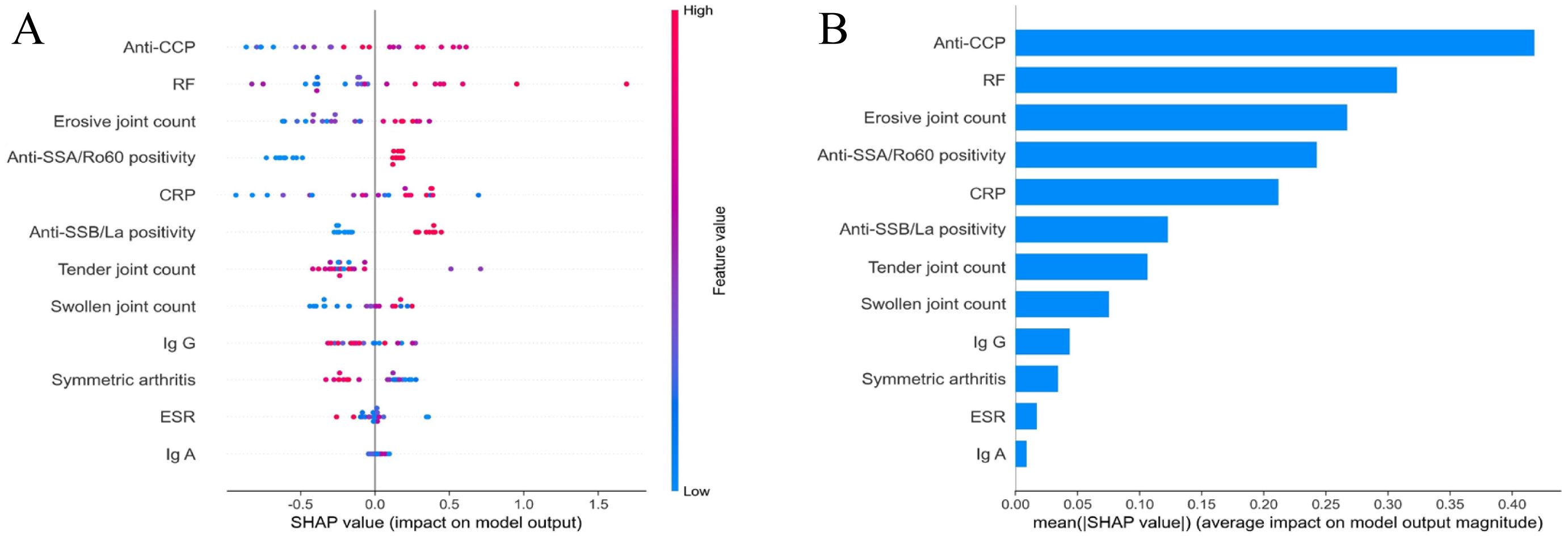 Graph A is a scatter plot showing SHAP values for various features on model output. Higher SHAP values indicate greater impact, with anti-CCP and RF having notable influence. Graph B is a bar chart displaying mean SHAP values, with anti-CCP having the highest average impact on model output magnitude. Both charts highlight feature importance in the model's predictions.