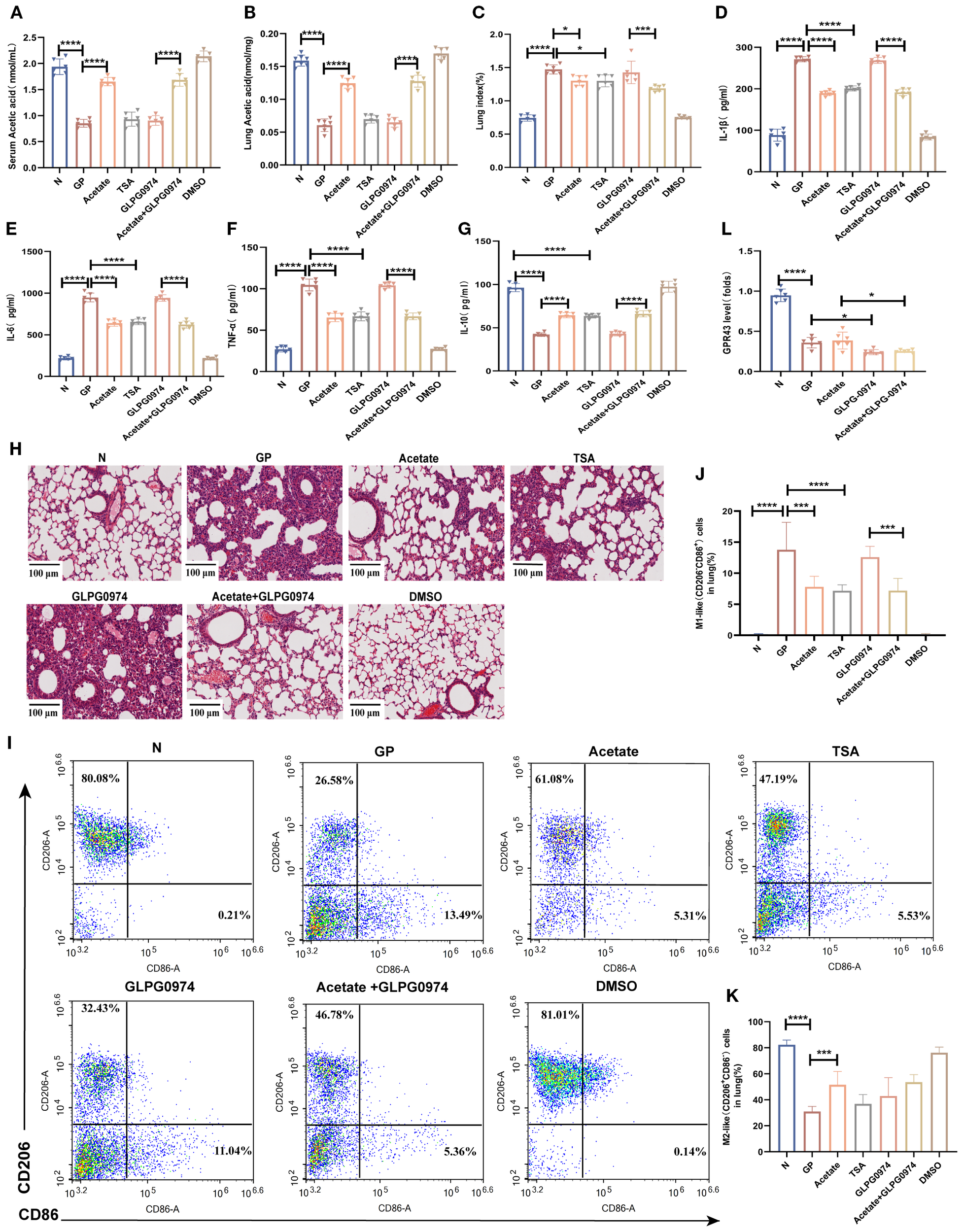 A composite image with multiple panels showing bar graphs, scatter plots, and histological images. Panels A-G and L show bar graphs representing levels of various compounds and cytokines across different treatments, with significance indicated by asterisks. Panel H consists of histological images of lung tissue under different treatments. Panel I displays scatter plots of cell populations marked by CD206 and CD86. Panels J and K present bar graphs comparing percentages of specific cell populations across treatments, with significance markers. Each panel is labeled and includes different treatment groups, such as N, GP, Acetate, TSA, GLPG0974, Acetate+GLPG0974, and DMSO.