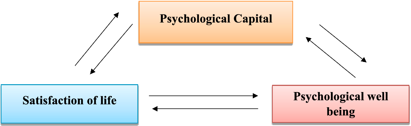 Flowchart showing relationships between three elements: 'Psychological Capital' at the top, with bidirectional arrows connecting it to 'Satisfaction of life' on the left and 'Psychological well being' on the right. A bidirectional arrow also connects 'Satisfaction of life' and 'Psychological well being'.