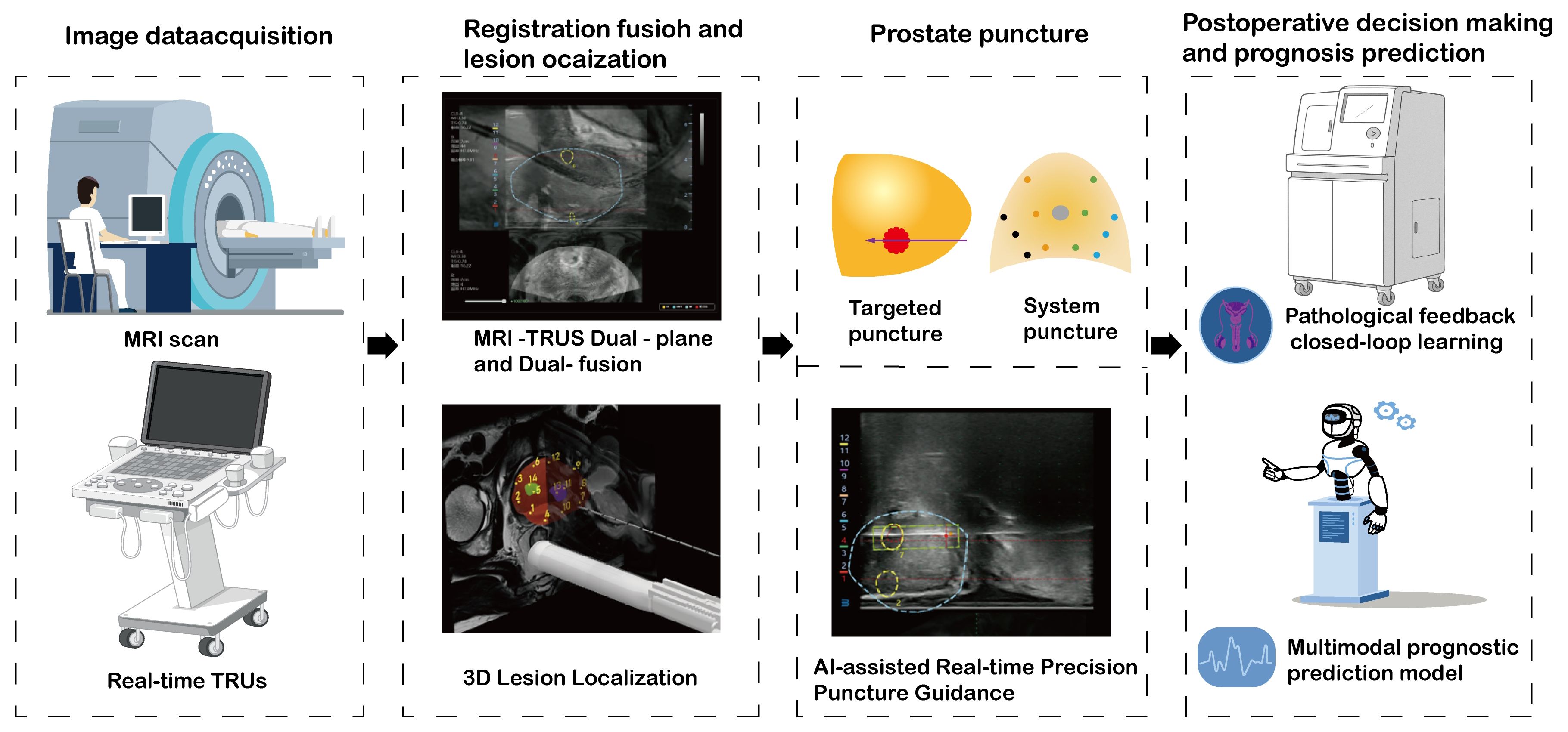 A diagram illustrating the prostate cancer diagnostic and treatment process. It includes four stages: image data acquisition with MRI and real-time TRUS; registration fusion and lesion localization using MRI-TRUS dual-plane and 3D localization; prostate puncture with targeted and system punctures guided by AI; and postoperative decision-making with pathological feedback and a multimodal prognostic model.