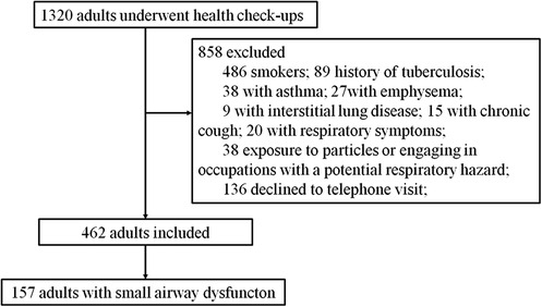 Flowchart of Participant Selection. This flowchart illustrates the detailed process of selecting participants from a pool of 1,320 adults who underwent health checkups. Initially, 1,320 adults were screened for eligibility. Of these, 858 were excluded based on specific criteria: 486 were smokers, 89 had a history of tuberculosis, 38 had asthma, 27 had emphysema, 9 had interstitial lung disease, 15 had chronic cough, 20 had other respiratory symptoms, 38 had occupational exposures to respiratory irritants, and 136 declined participation in a follow-up telephone survey. After these exclusions, 462 adults were included in the study. Among the included participants, 157 were identified with small airway dysfunction.