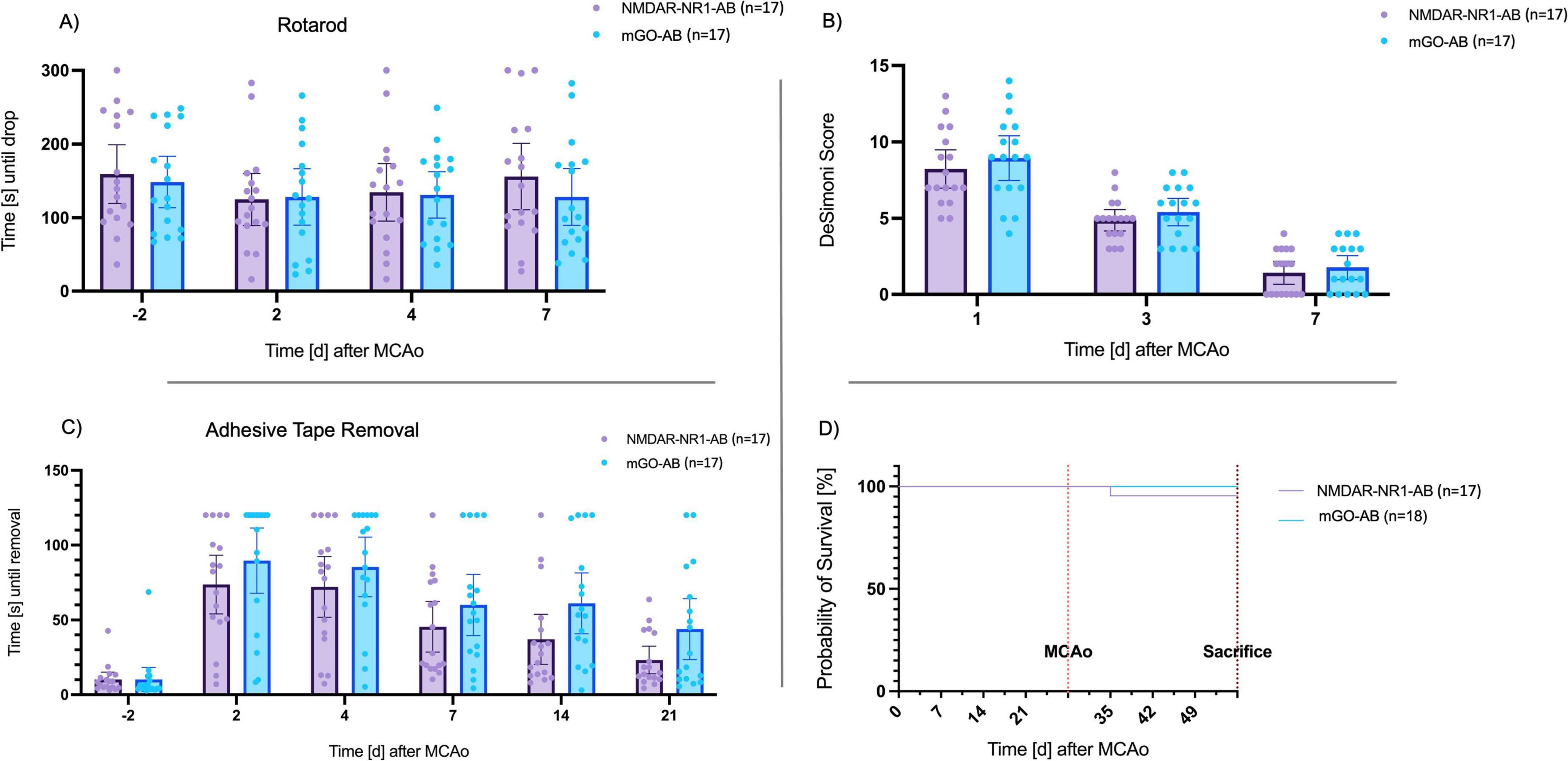 Bar charts detail the effects of treatments NMDAR-NR1-AB and mGO-AB on motor function and survival after MCAo over time. Panel A shows time until drop on a rotarod. Panel B presents Deshmoli scores at days one, three, and seven. Panel C depicts adhesive tape removal times. Panel D illustrates survival probability, with marked events for MCAo and sacrifice. Each treatment has different data points and error bars.