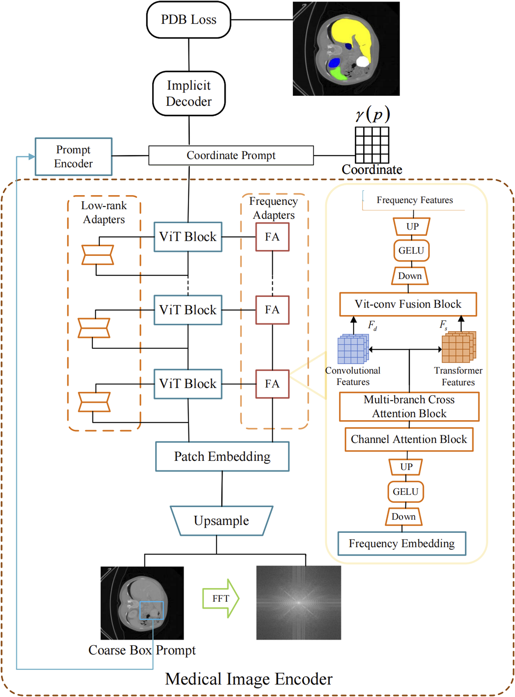 Diagram of a medical image processing architecture. At the top, PDB Loss connects to an implicit decoder and a coordinate prompt, which links to a segment of a CT scan. The path flows through a prompt encoder to numerous ViT blocks with low-rank and frequency adapters, eventually arriving at a patch embedding stage. It continues to a Vit-conv fusion block, multi-branch cross attention block, and channel attention block. Coarse box prompt and FFT (Fast Fourier Transform) imagery feed into the medical image encoder. The diagram outlines each functional component's integration within this system.