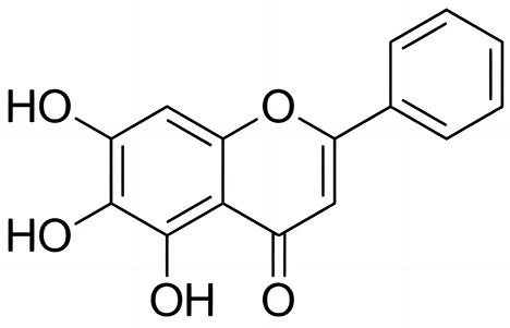 Chemical structure diagram of quercetin, a flavonoid with a three-ring system including two benzene rings and a central heterocyclic ring. Hydroxyl groups are attached at various positions on the rings.