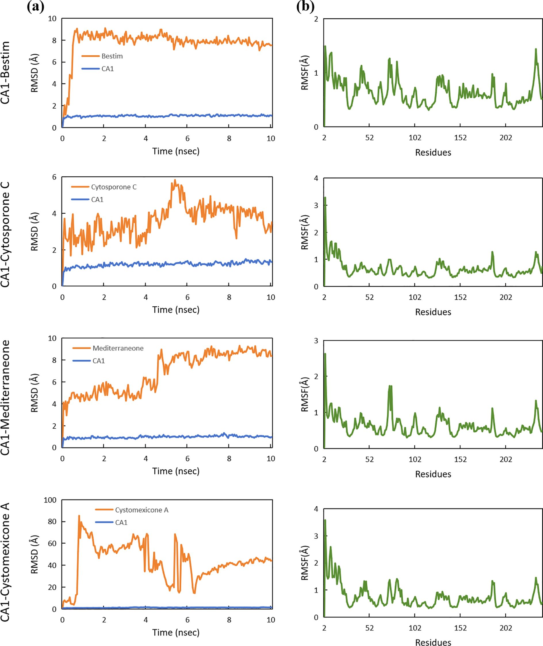 Four pairs of graphs compare the molecular dynamics of different compounds, labeled (a) and (b). Graphs in (a) display the root mean square deviation (RMSD) over time for Bestim, Cytosporone C, Mediterraneone, and Cystomexicone A. Graphs in (b) show the root mean square fluctuation (RMSF) across residues for each compound. Each pair analyzes structural stability, with distinct patterns observed in RMSD and RMSF values.