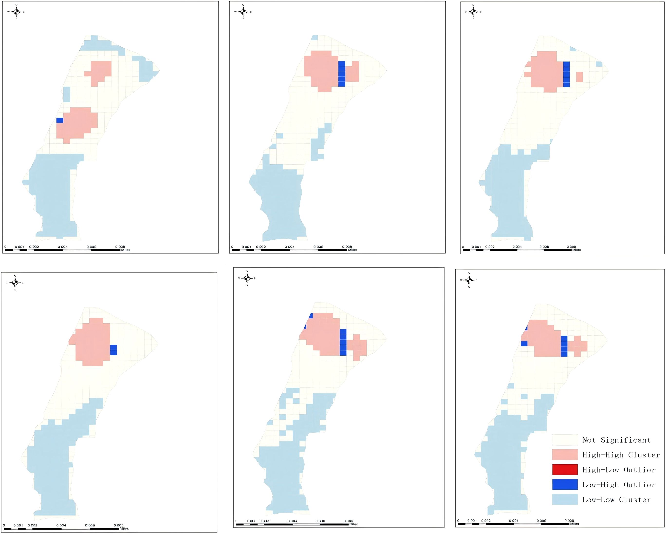 Six-panel map series depicting spatial clusters and outliers. Each panel shows a region with varying patterns in pink, blue, and white, representing high-high clusters, low-low clusters, and not significant areas. A legend explains the color codes.