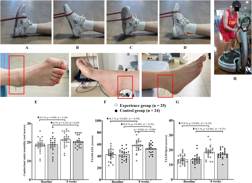 Images A to D show a foot with an elastic band around it, demonstrating different exercises. Images E to G depict feet with certain areas highlighted, indicating focus on the ankle or arch. Image H shows a person in athletic attire using a vibrating exercise platform. Below, three bar charts compare baseline and eight-week results for two groups in ankle instability and activity measures, with statistical data provided.