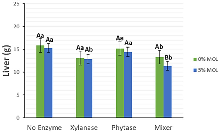 Bar chart showing the effect of different enzyme treatments on liver weight in grams, with and without 5% MOL. Green bars represent 0% MOL, and blue bars represent 5% MOL. Categories include No Enzyme, Xylanase, Phytase, and Mixer, with weight values ranging from approximately 12 to 17 grams. Error bars and significance levels (Aa, Ab, Bb) are indicated.