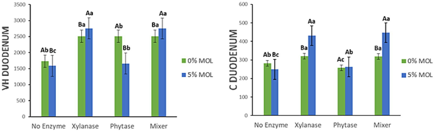Bar charts comparing duodenum measurements under different enzyme treatments with 0% and 5% MOL. The left chart shows VH Duodenum with Xylanase and Mixer treatments having higher values. The right chart shows C Duodenum, also with higher values for Xylanase and Mixer treatments, especially at 5% MOL. Error bars are present in both charts.
