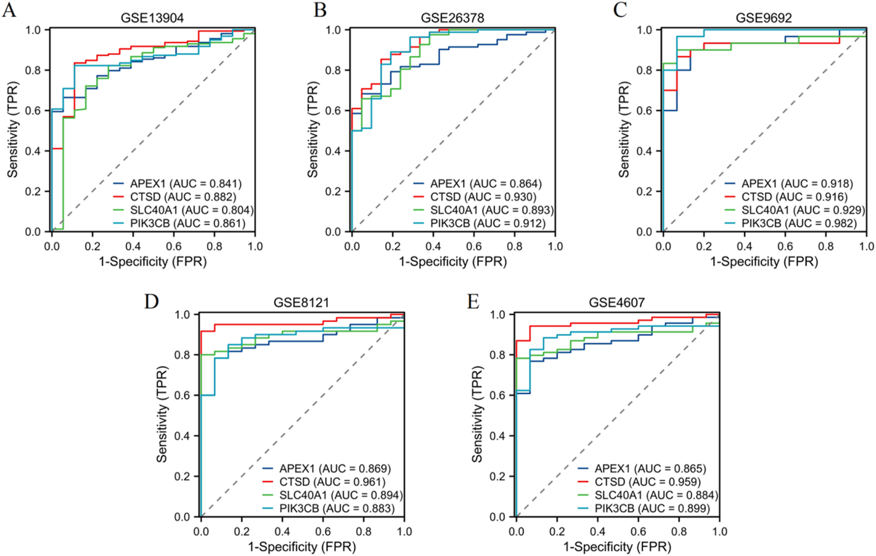 Five ROC curve plots labeled A to E display the sensitivity versus 1-specificity for gene expression data sets: GSE13904, GSE26378, GSE9692, GSE8121, and GSE4607. Each plot includes four genes: APEX1, CTSD, SLC40A1, and PIK3CB, with corresponding AUC values indicating discrimination accuracy. Gene CTSD consistently shows high AUC values across plots, reflecting strong predictive performance. Dotted diagonal lines represent random chance.
