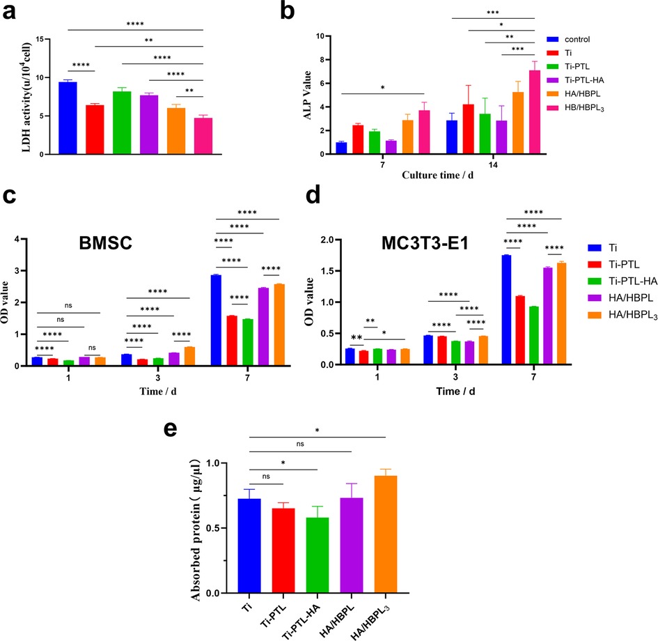 Bar graphs comparing various treatments over time and their effects on cellular activity and protein absorption. Graph (a) shows LDH activity, graph (b) ALP value over 7 to 14 days, graph (c) OD value in BMSC from 1 to 7 days, graph (d) OD value in MC3T3-E1 from 1 to 7 days, and graph (e) absorbed protein. Statistical significance is indicated by asterisks. Each graph includes different treatments: Control, Ti, Ti-PTL, Ti-PTL-HA, HA/HBPL, and HA/HBPL₃, identified by color-coded bars.