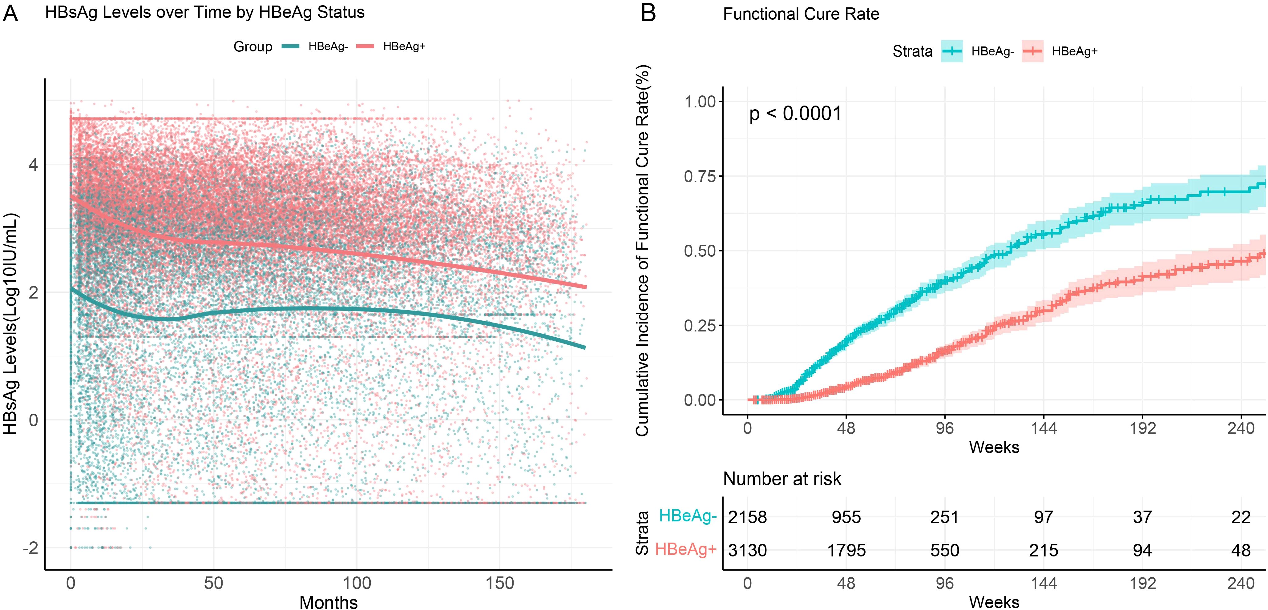 Graph A depicts HBsAg levels over time for HBeAg+ and HBeAg- groups, showing a downward trend for both. Graph B illustrates the cumulative incidence of functional cure rate over 240 weeks, with HBeAg- group showing higher rates than HBeAg+. A table indicates the number at risk for each group over time points.