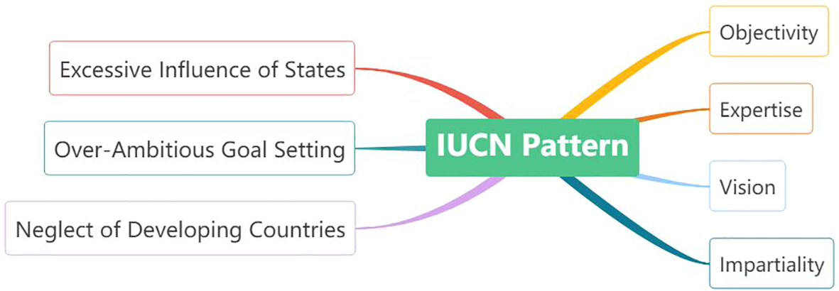 A mind map titled “IUCN Pattern” highlights two sets of concepts. On the left: “Excessive Influence of States,” “Over-Ambitious Goal Setting,” and “Neglect of Developing Countries.” On the right: “Objectivity,” “Expertise,” “Vision,” and “Impartiality.” The concepts are linked to the central “IUCN Pattern."