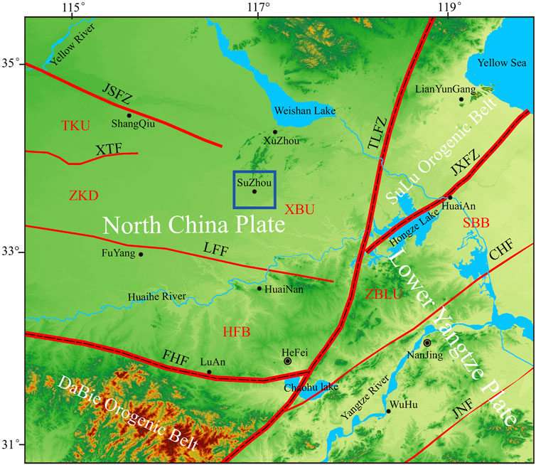 Map showing geological features and boundaries in Eastern China, including the North China Plate and Lower Yangtze Plate. Key features like fault lines, rivers, cities, and lakes are labeled, such as the Yellow River, Huai River, Yangtze River, Weishan Lake, Hongze Lake, and Chohu Lake. The map highlights major cities like Suzhou, Hefei, and Nanjing, with orogenic belts like Sulu and Dabie marked.