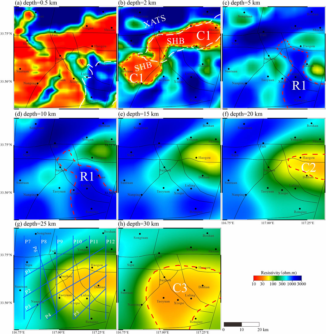 Resistivity maps at various depths, from 0.5 to 30 km, display resistivity variations in a region with key areas labeled. Warmer colors indicate higher resistivity, with notable regions such as SHB, C1, R1, and C2 marked. Points and lines indicate city and boundary references, with a color bar representing resistivity levels in ohm meters.