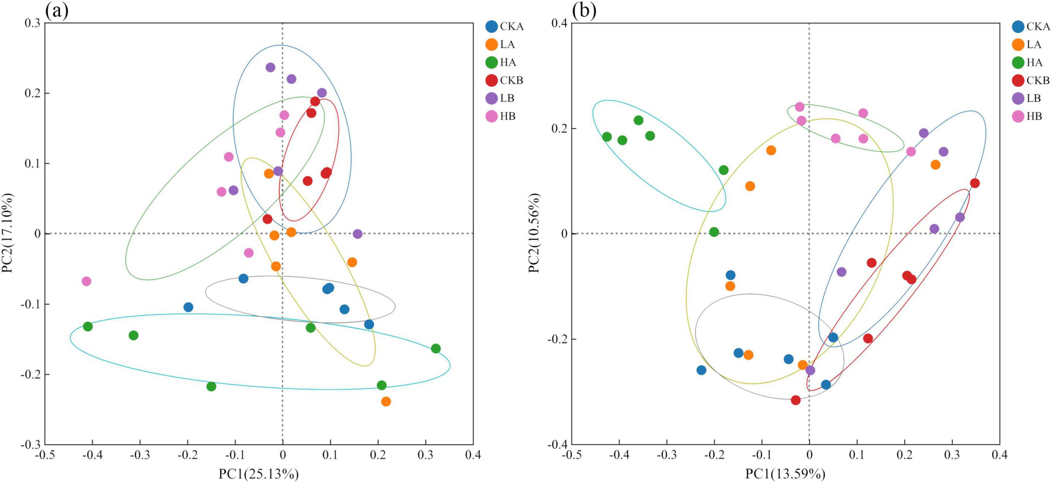 Two scatter plots labeled (a) and (b) display principal component analysis results. Both plots show data points in different colors representing six categories: CKA, LA, HA, CKB, LB, and HB, each with corresponding ellipses indicating confidence regions. The x-axis for plot (a) is labeled PC1 with 25.13% variance, and the y-axis is PC2 with 11% variance. Plot (b) shows PC1 with 13.59% variance on the x-axis and PC2 with 10.56% on the y-axis.