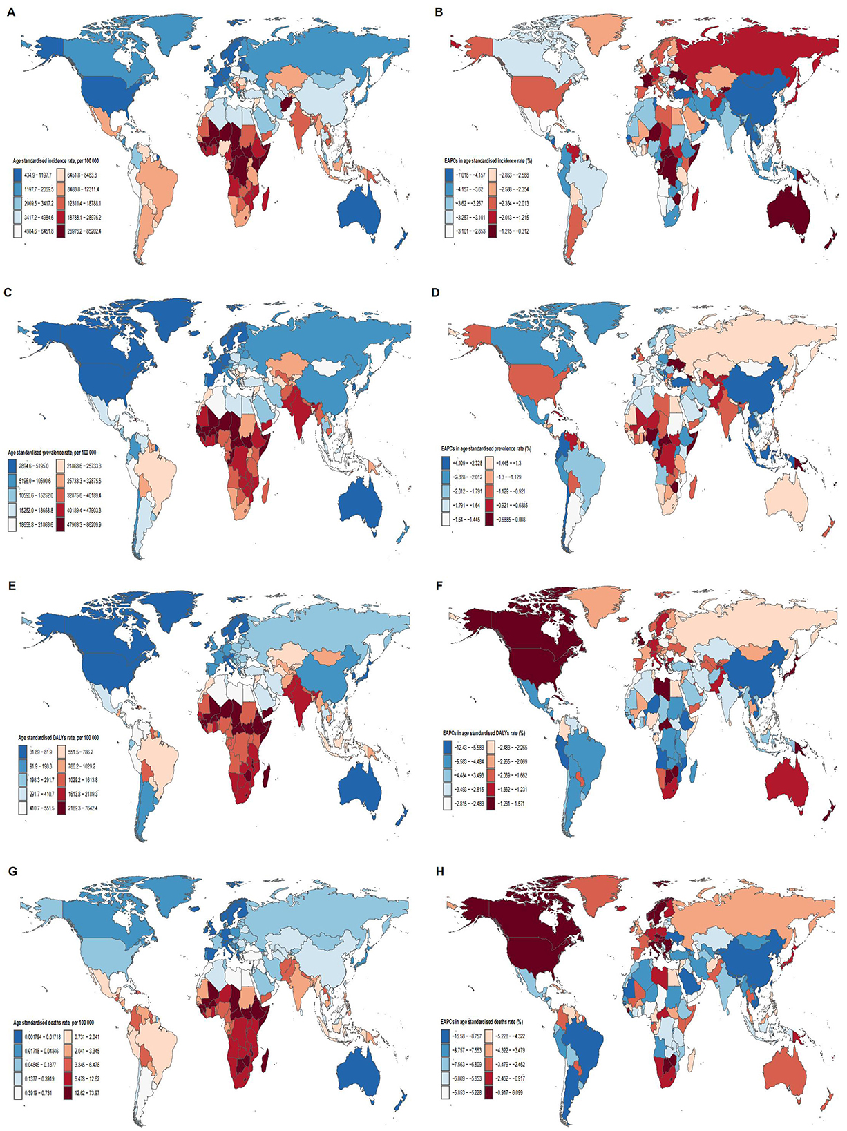 Eight world maps labeled A to H display different epidemiological metrics using color gradients. Each map has a legend indicating ranges for age-standardized incidence, prevalence, DALYs, and deaths per 100,000. The maps illustrate geographic variations and changes in these rates, using colors from blue to red to represent different levels.