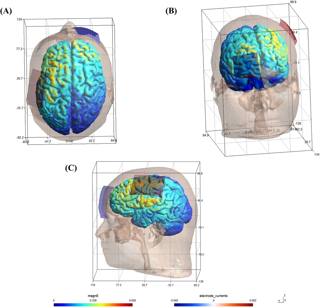 Three panels depicting brain model visualizations. Panel A shows a top view of the brain with color gradients from green to blue, indicating varying magnitudes, in a transparent skull. Panel B presents a frontal view, featuring similar color patterns. Panel C displays a side profile with a visible color scale bar indicating magnET segments from green to red for electrode currents. All panels include 3D grid overlays with coordinates.
