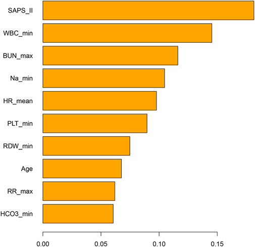 Horizontal bar chart depicting feature importance in descending order. SAPS_II has the highest importance, followed by WBC_min, BUN_max, Na_min, HR_mean, PLT_min, RDW_min, Age, RR_max, and HCO3_min. Bars are orange, representing the feature importance values.