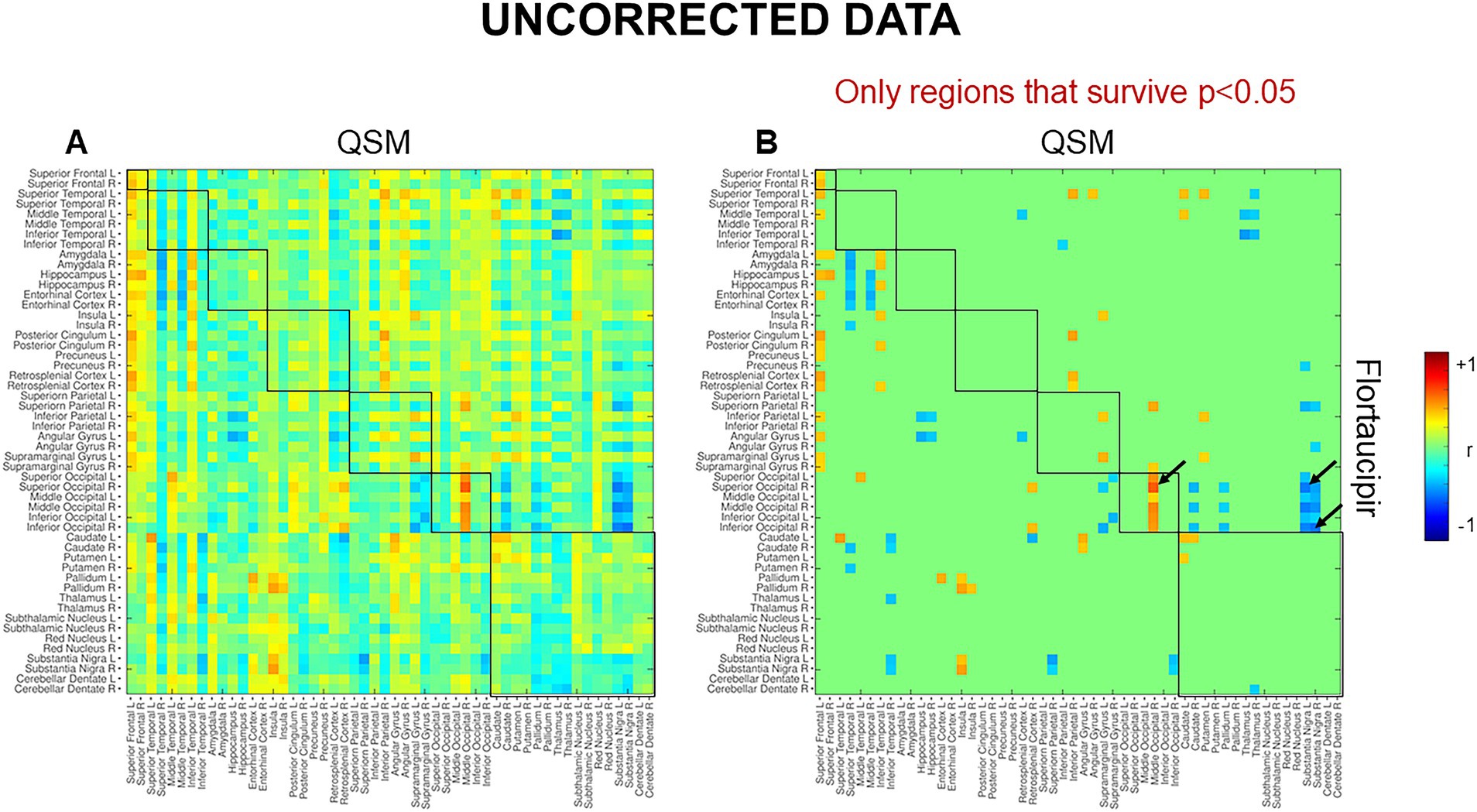 Two heatmaps labeled A and B compare QSM and Flortaucipir correlations in brain regions. Chart A shows dense color variation across brain regions, while chart B highlights regions with significant p-values less than 0.05. The color scale ranges from blue to red, indicating correlation strength, with annotations for specific brain areas.