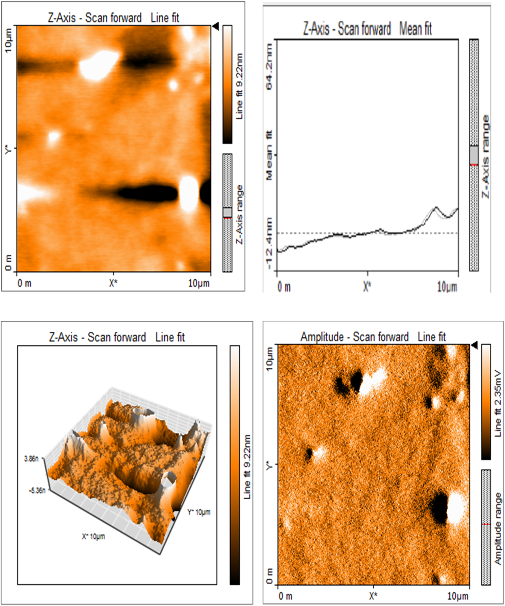 Four-panel scientific visualization of surface analysis data. Top left: 2D map with color gradient indicating Z-axis measurements from 0 to 10 micrometers. Top right: line graph showing Z-axis mean fit. Bottom left: 3D surface plot with elevations from -5.36 to 3.86 nanometers. Bottom right: 2D amplitude map with color gradient indicating line fit from 0 to 10 micrometers. Each panel includes axis labels and measurement scales.