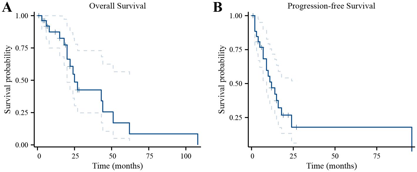 Two Kaplan-Meier survival curves are shown. Panel A illustrates overall survival, and Panel B depicts progression-free survival. Both charts display survival probability on the y-axis and time in months on the x-axis. The solid blue lines indicate the observed survival, while dashed lines represent confidence intervals.