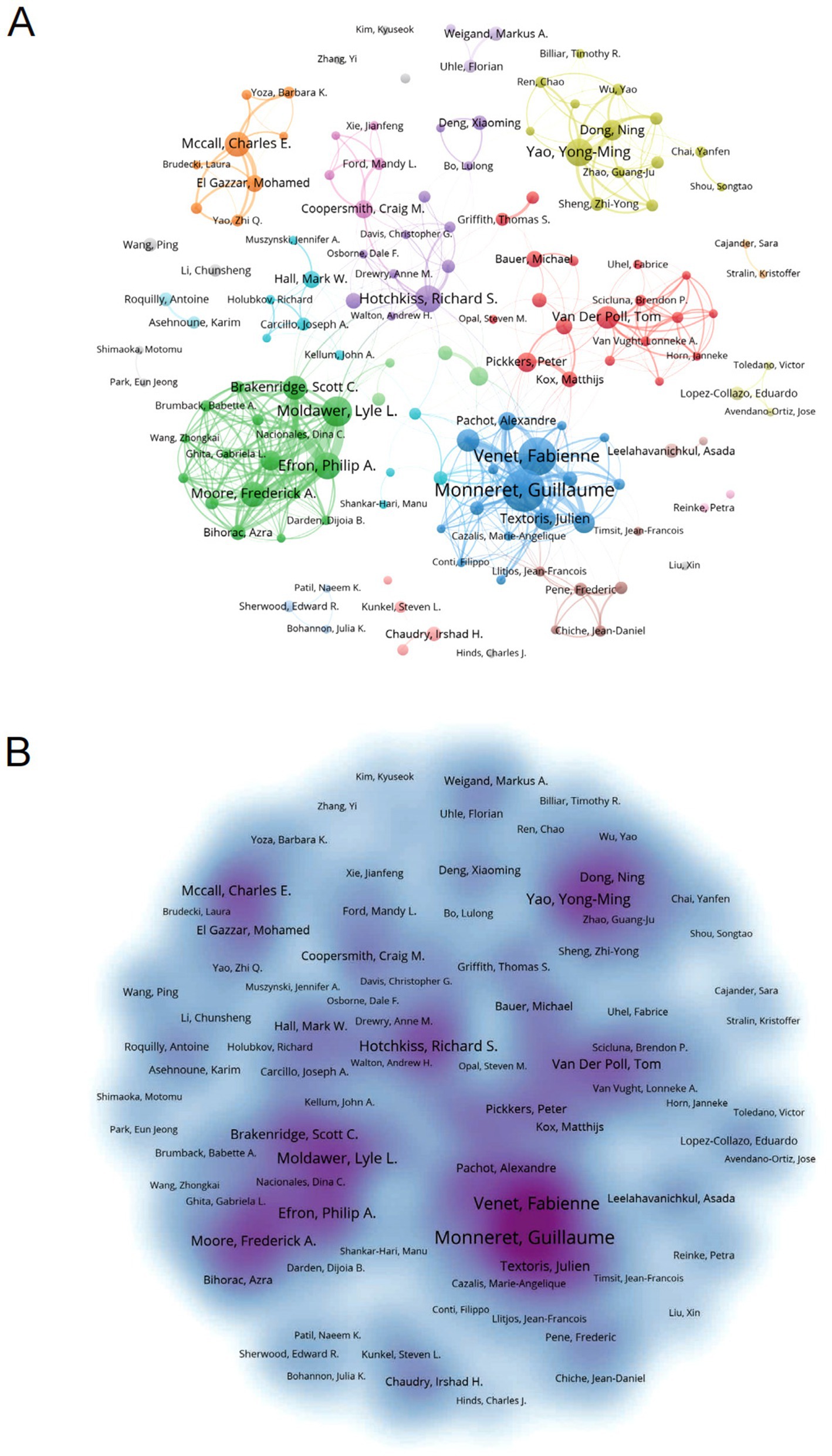 Panel A shows a network graph of interconnected nodes representing academic collaborations, with nodes grouped by colors indicating distinct research groups. Names are associated with each node. Panel B displays the same network with a gradient background, highlighting connections between authors.