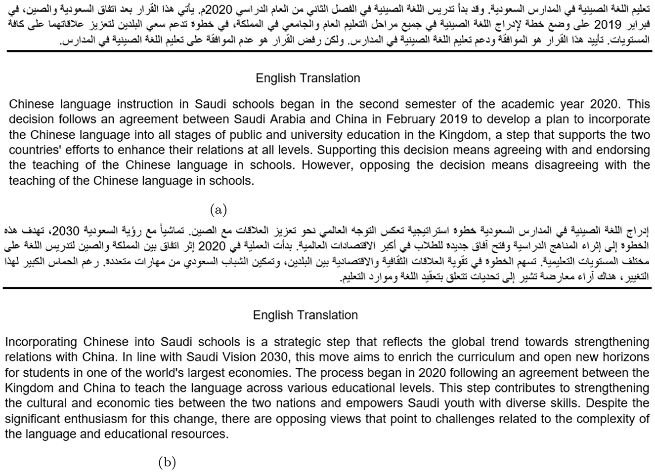 Two paragraphs in a side-by-side comparison. The left (a) features a manually crafted topic description about Chinese language instruction in Saudi schools, mentioning a 2019 Saudi-China agreement. The right (b) is a topic description generated by ChatGPT, also discussing the Chinese language in Saudi schools and Saudi Vision 2030. Both include English translations, Arabic text, and focus on educational relations between Saudi Arabia and China.