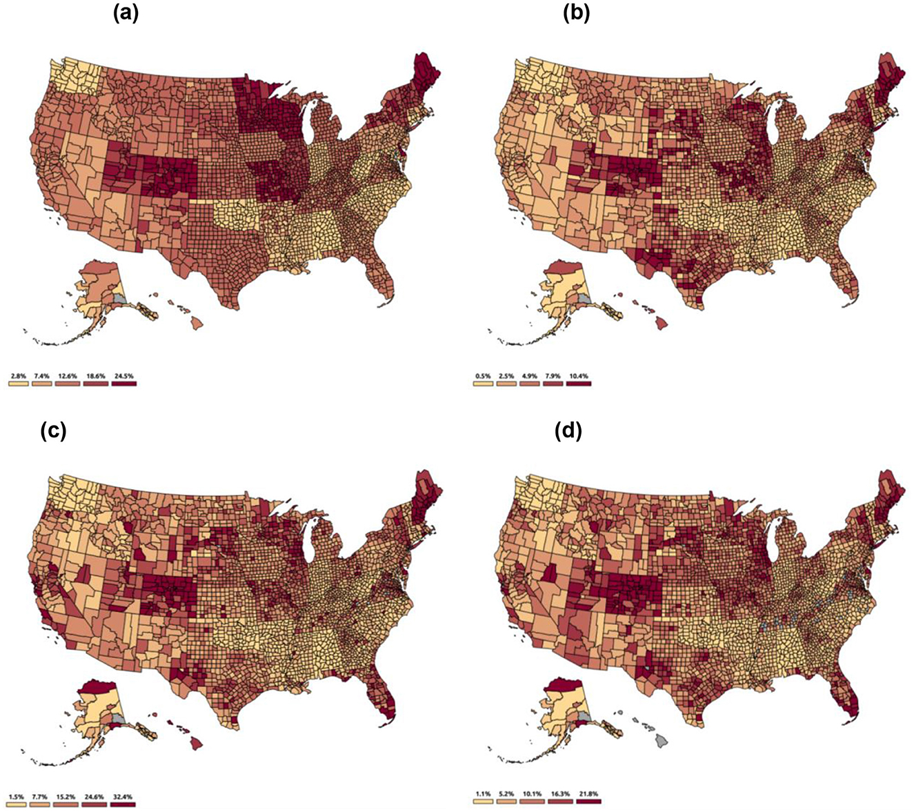 Four maps of the United States display data by county. Map (a) shows total taxes collected with a gradient from light to dark, indicating increasing amounts. Map (b) illustrates total revenue collected similarly. Map (c) depicts expenditure on salaries and wages, using a darkening scale to mark higher spending. Map (d) represents expenditure on education with a corresponding color gradient. Each map uses varying shades to indicate different percentage ranges, as denoted in the respective legends.