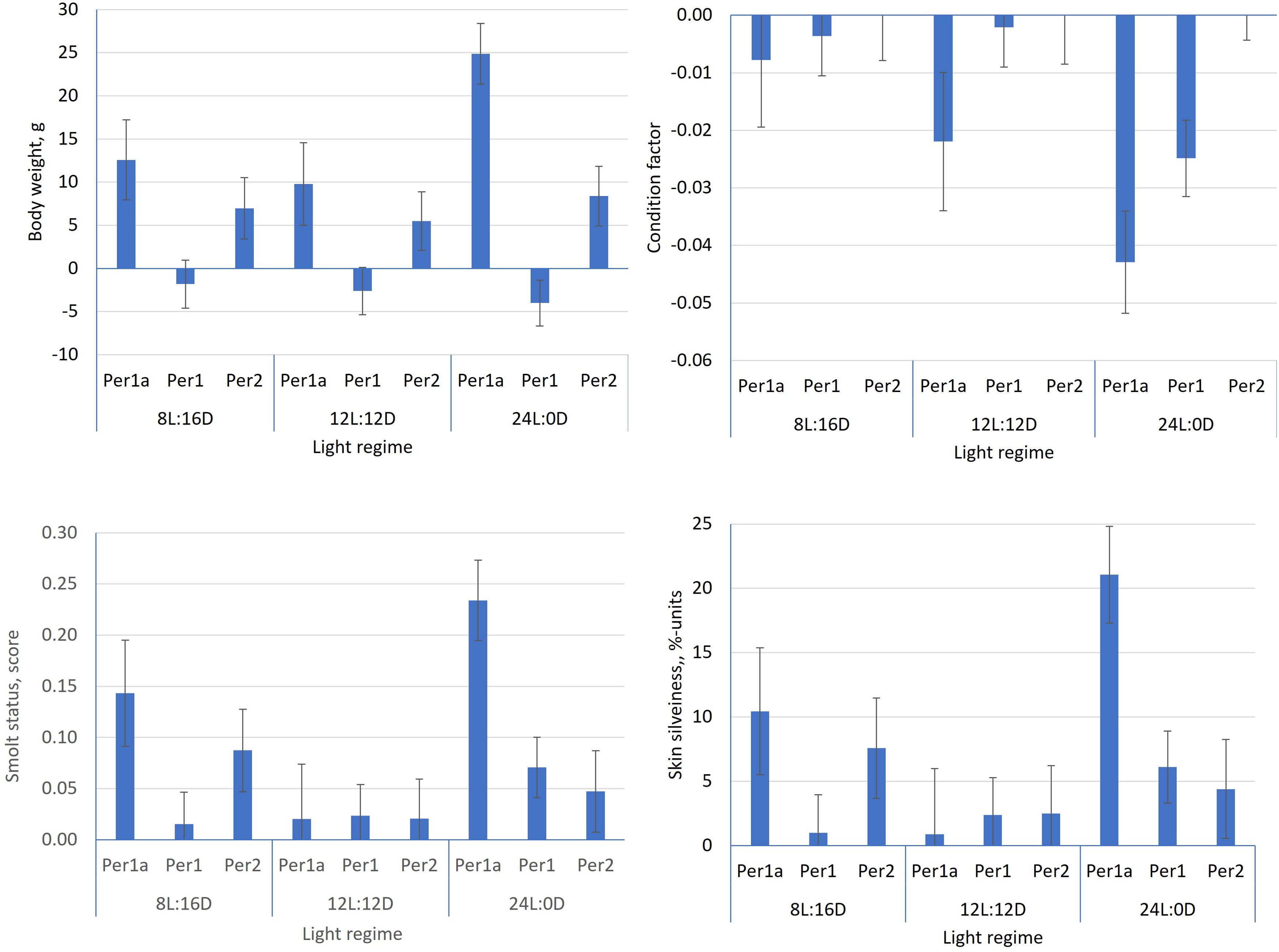 Four bar charts compare different metrics under various light regimes labeled as “Per1a,” “Per1,” and “Per2.” The top left chart shows body weight in grams, the top right shows condition factor, the bottom left depicts smolt status score, and the bottom right displays skin silveriness in percentage units. Error bars are included in each chart, with data grouped by light regime: 8L:16D, 12L:12D, and 24L:0D.
