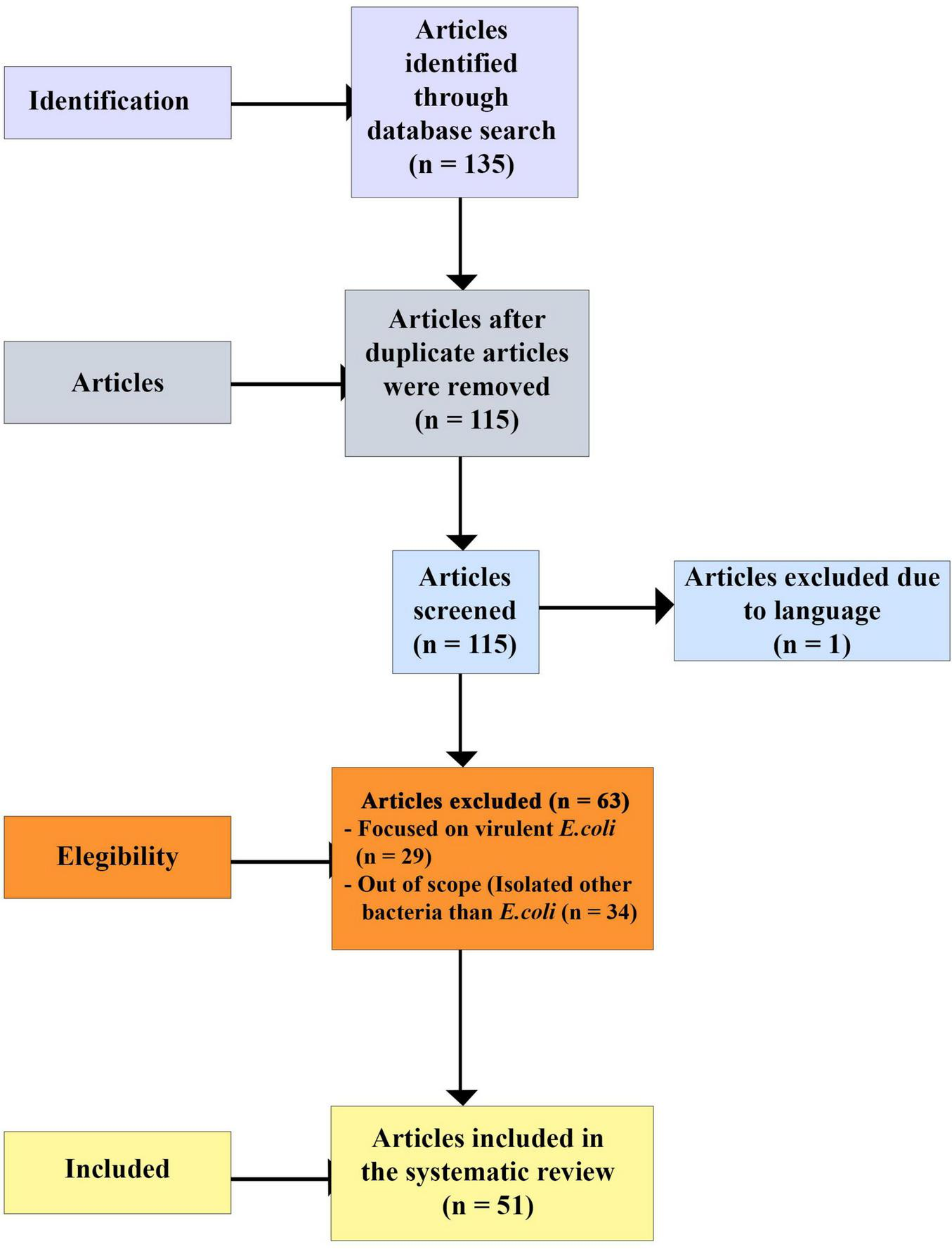 Flowchart depicting a systematic review process. Initial identification shows 135 articles from a database search. After removing duplicates, 115 articles remain and are screened. One article is excluded due to language. Eligibility assessment excludes 63 articles: 29 focused on virulent *E. coli* and 34 out of scope. Fifty-one articles are included in the final review.