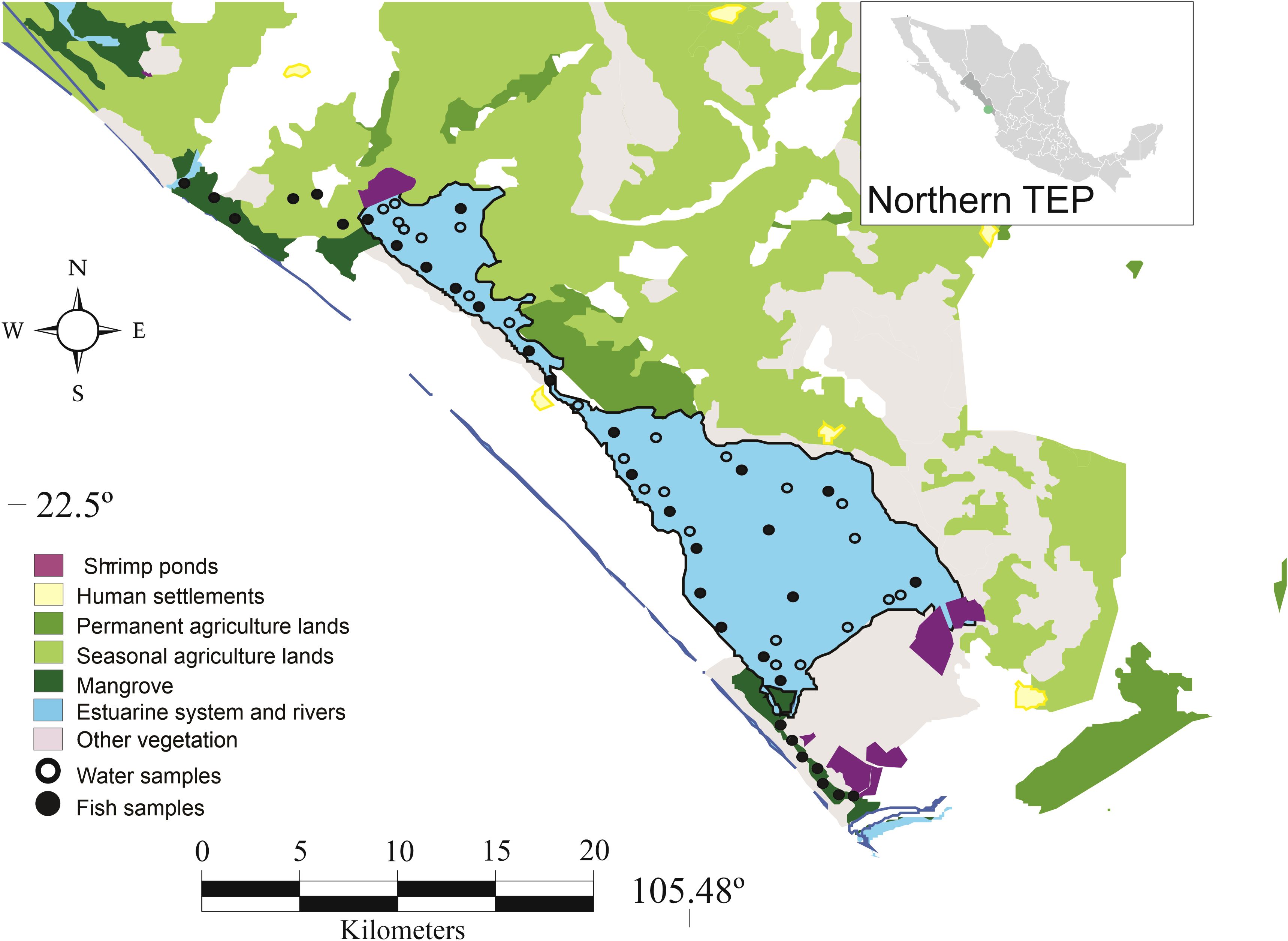 Map of Northern TEP showing land use and sampling sites. Key features include shrimp ponds, human settlements, various agriculture lands, mangroves, estuarine systems, and other vegetation. Water and fish sample locations are marked. A compass rose and scale bar are included. An inset map shows the region's location within Mexico.