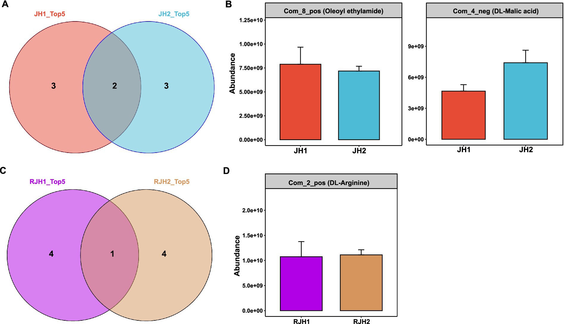 Four panels display data comparisons. Panel A shows a Venn diagram with JH1_Top5 and JH2_Top5, sharing two items, each with three unique items. Panel B presents bar graphs comparing oleoyl ethylamide and D.L.-malic acid abundances between JH1 and JH2, showing variations. Panel C features a Venn diagram for RJH1_Top5 and RJH2_Top5, with four unique items each and one shared item. Panel D displays a bar graph of D.L.-arginine abundance, comparing RJH1 and RJH2, with slight differences observed.