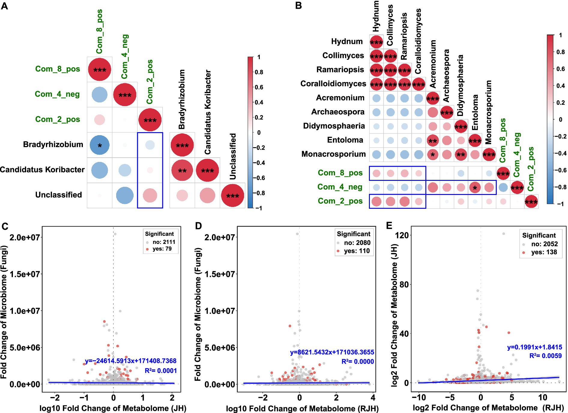 Panel A displays a correlation matrix of microbial communities and their interactions, with color coding indicating correlation strength. Panels B to E feature scatter plots analyzing fold changes in microbiomes and metabolomes, highlighting significant data points in red. Color scales and labels provide detailed statistical context.