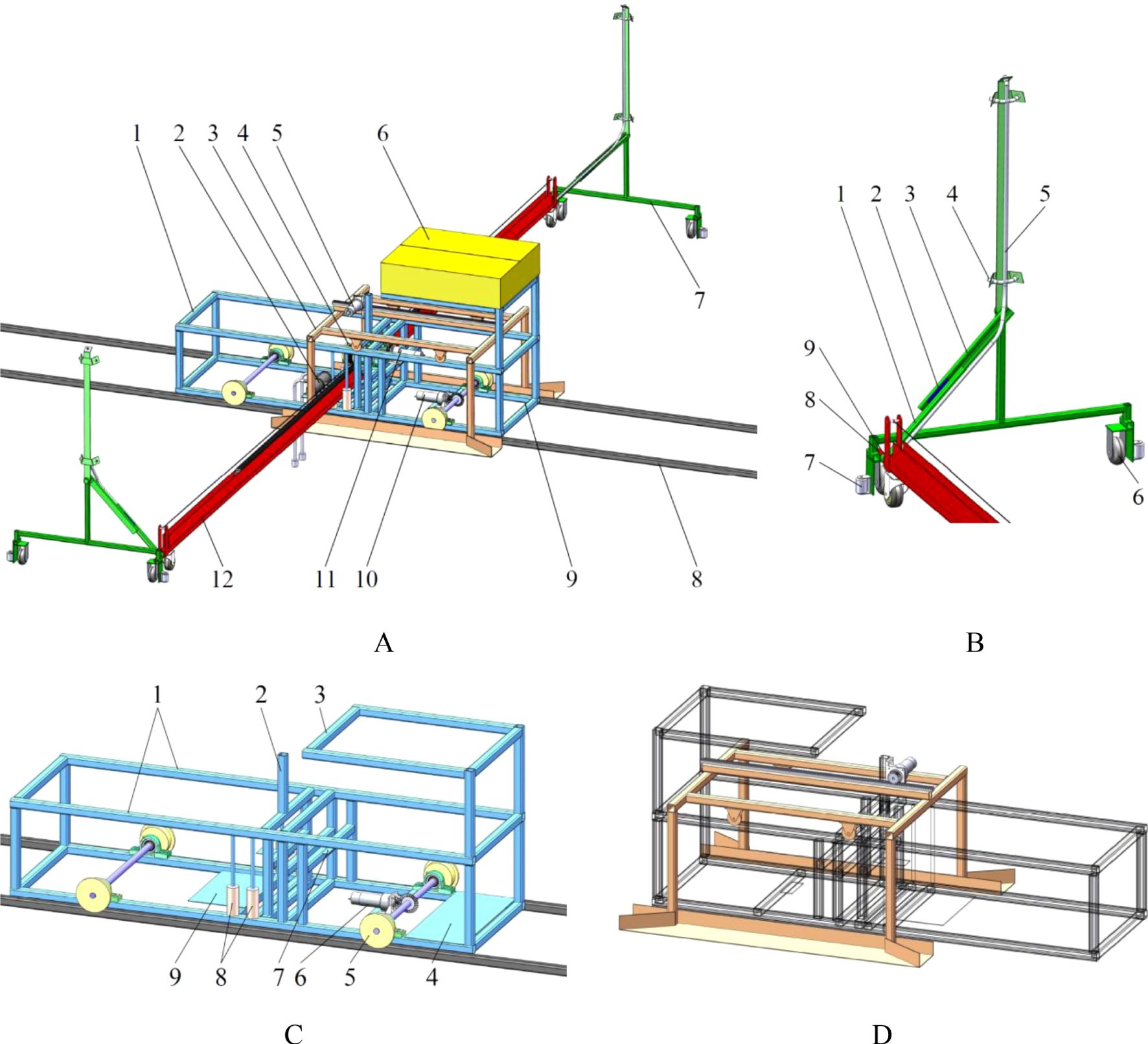 Technical illustration with four diagrams labeled A, B, C, and D, displaying different views of a mechanical system. Diagram A shows a complex assembly on tracks with numbered components such as frames, wheels, and beams. Diagram B highlights a separate component with five numbered parts, emphasizing a red beam supported by green structures with wheels. Diagram C illustrates a detailed side view of a frame with rollers. Diagram D presents a clear skeletal view of the entire setup, depicting structural frames and mechanical details.