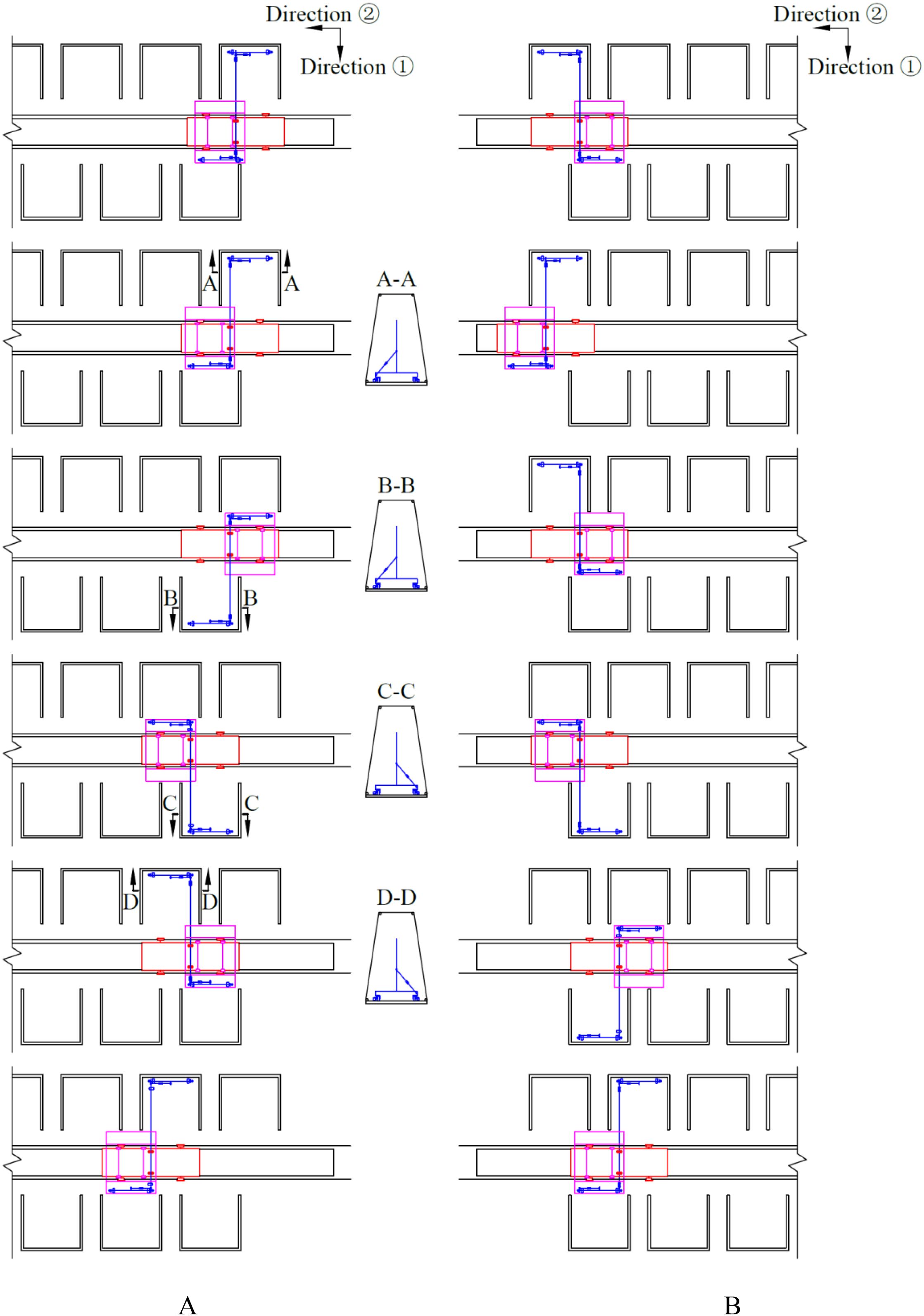 Technical diagram showing two sets of floor plans labeled A and B, each containing four sections labeled A-A, B-B, C-C, and D-D. The plans display structural components with highlighted sections in red, blue, and pink, indicating directions and alignments. Each cutaway view details architectural sections perpendicular to the building’s horizontal layout, showing cross-sectional views of corridors and structural features.