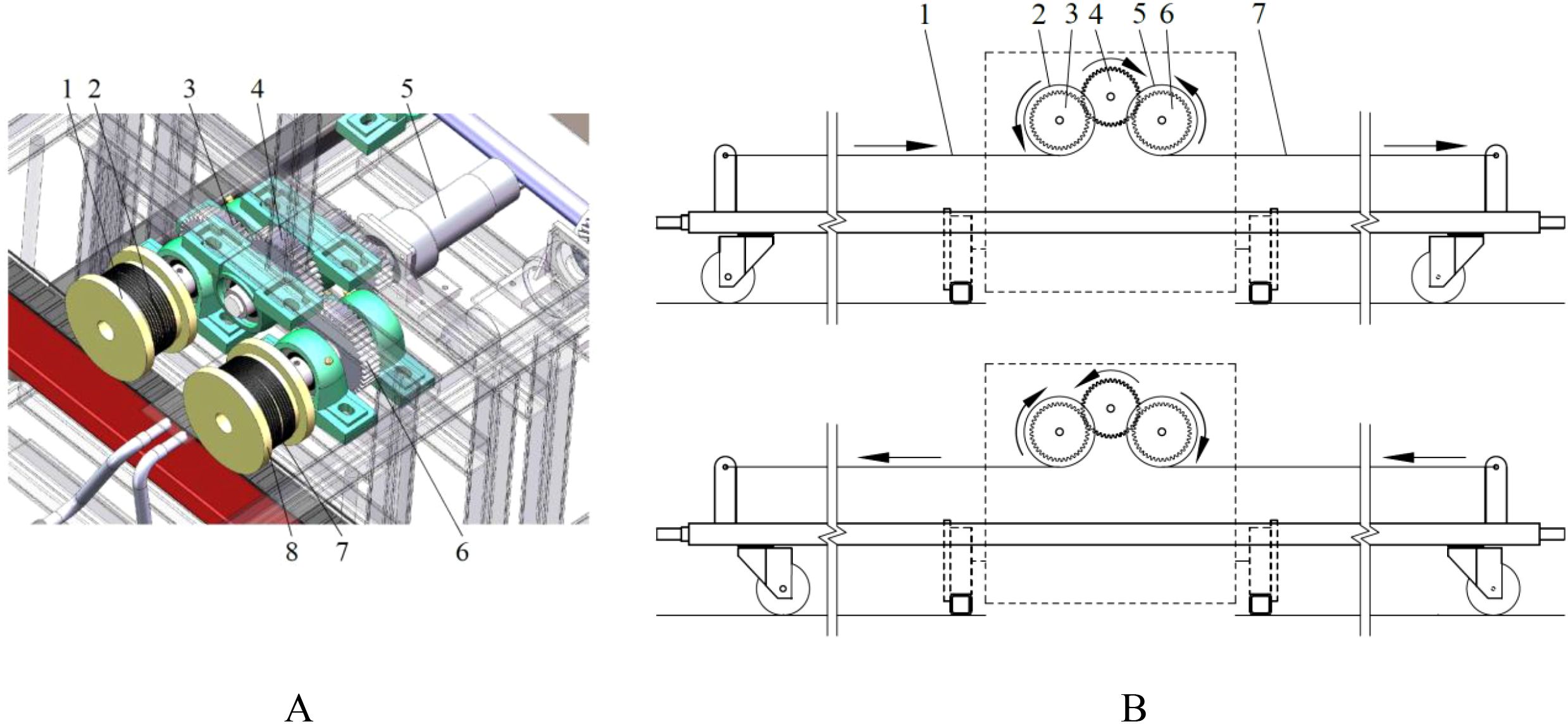 Illustration A shows a 3D model of a mechanical assembly with numbered components including large wheel-like parts, cylinders, and mounted elements. Illustration B features a schematic diagram of a gear mechanism with labeled components and directional arrows indicating movement.