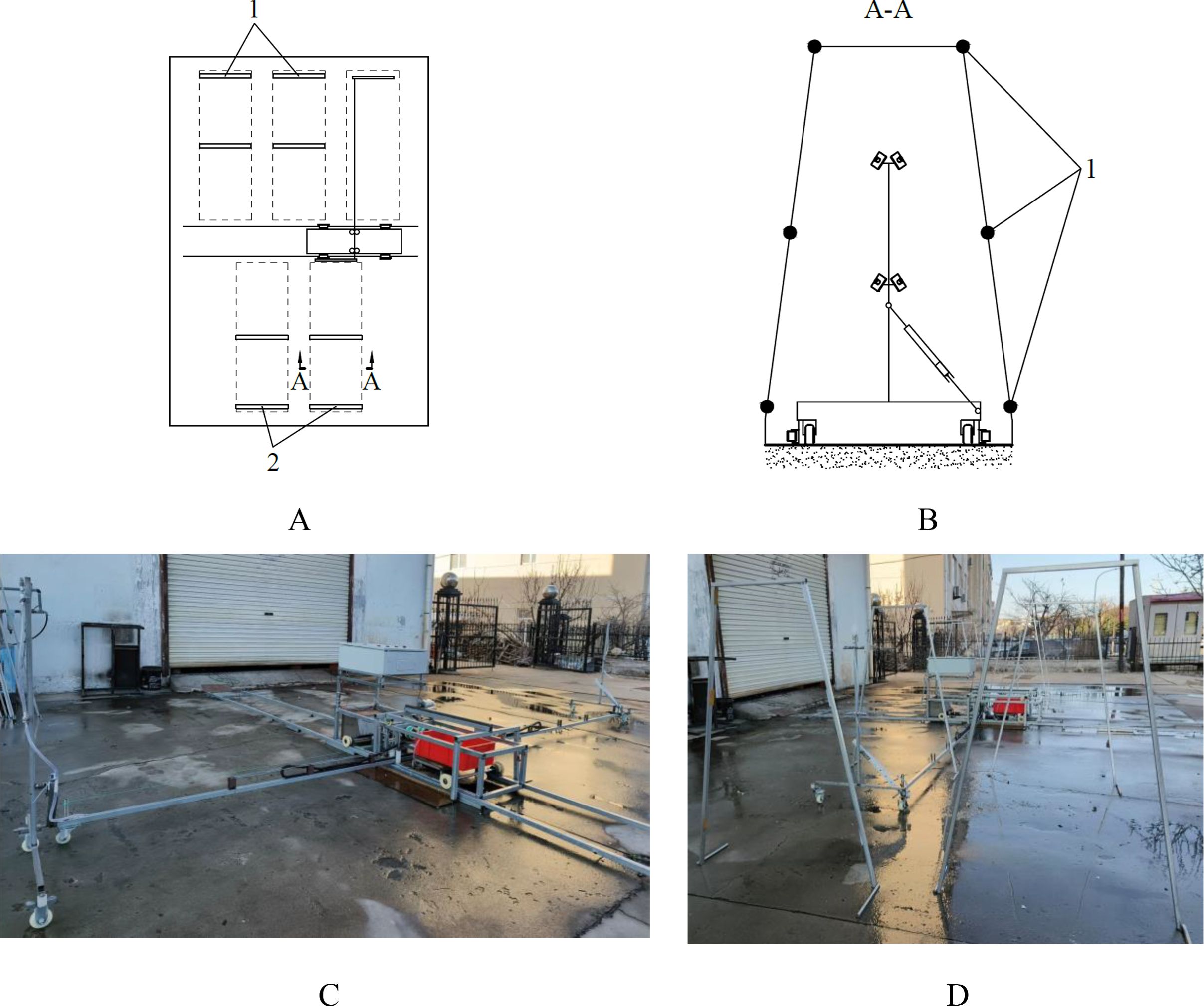 Diagram A shows a schematic of a structural framework with numbered components. Diagram B provides a side view of an apparatus setup with labeling. Image C displays a metal frame and equipment on a wet surface in an outdoor setting. Image D shows a different angle of the same setup, highlighting additional frame elements against a building backdrop.